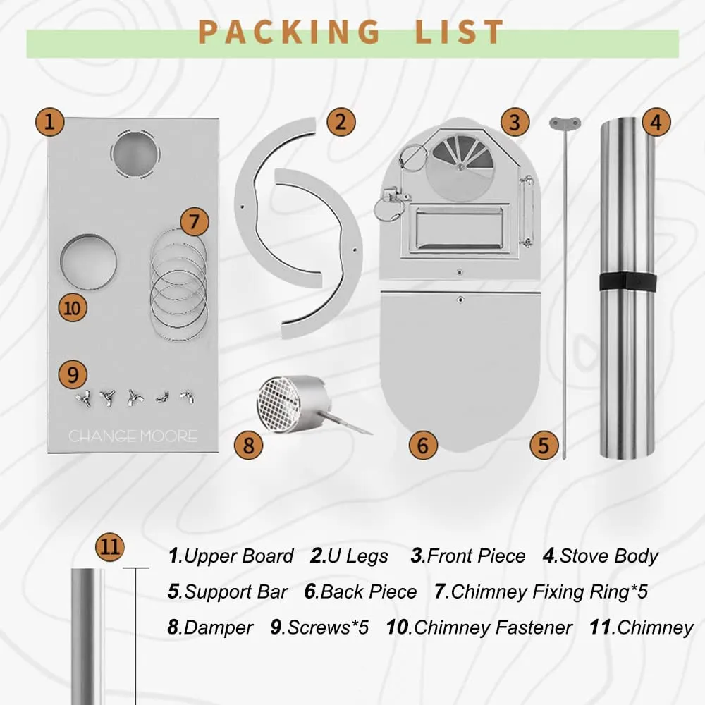 CHANGE MOORE Ultralight Titanium Wood Burning Stove Portale Backpacking Stove with Chimney and Damper, Hot Tent Stove for Camping, Cooking, Heating, Hunting, Fishing, Hiking (98.4" Pipes/2.4" Dia.)